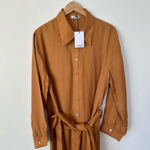 Aura Women’s Rust Camel Golden Fall Long Sleeve Button Down Shirt Maxi Dress - Picture 3 of 13